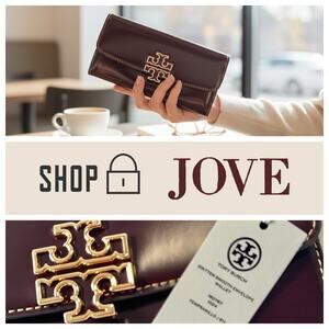 NEW $320 Tory Burch Britten Flap Envelope Wallet Tempranillo Brown Shiny Leather